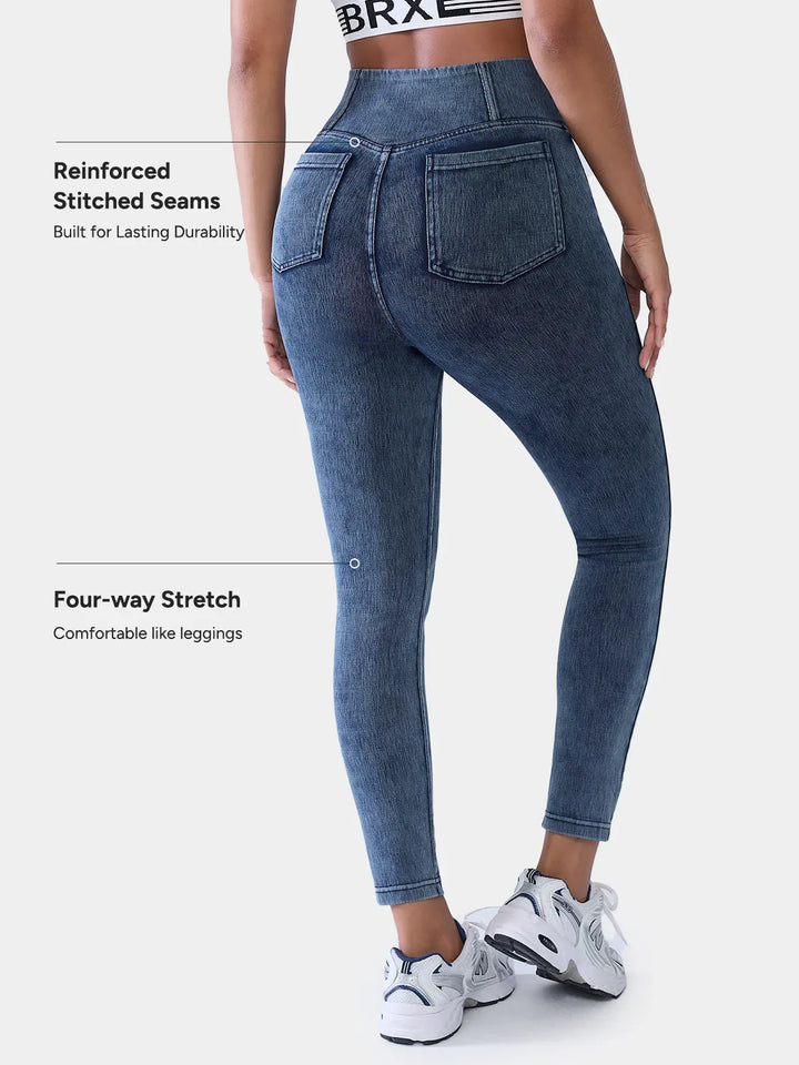 Crossover Denim Side Pockets Sculpting Leggings