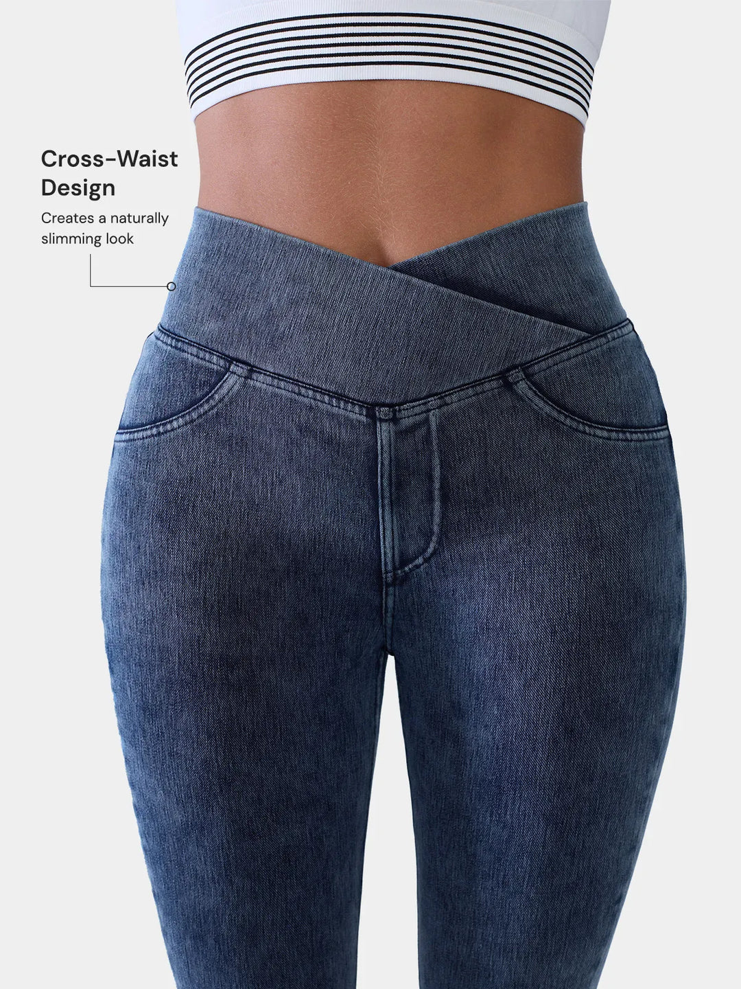 Crossover Denim Side Pockets Sculpting Leggings