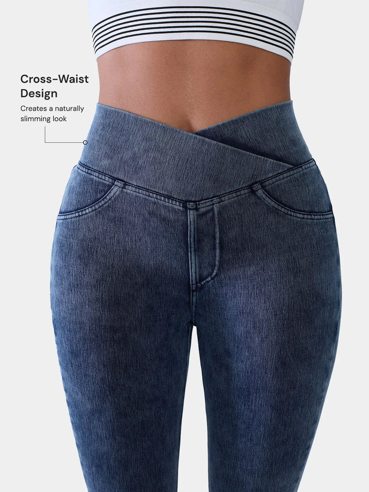 Crossover Denim Side Pockets Sculpting Leggings