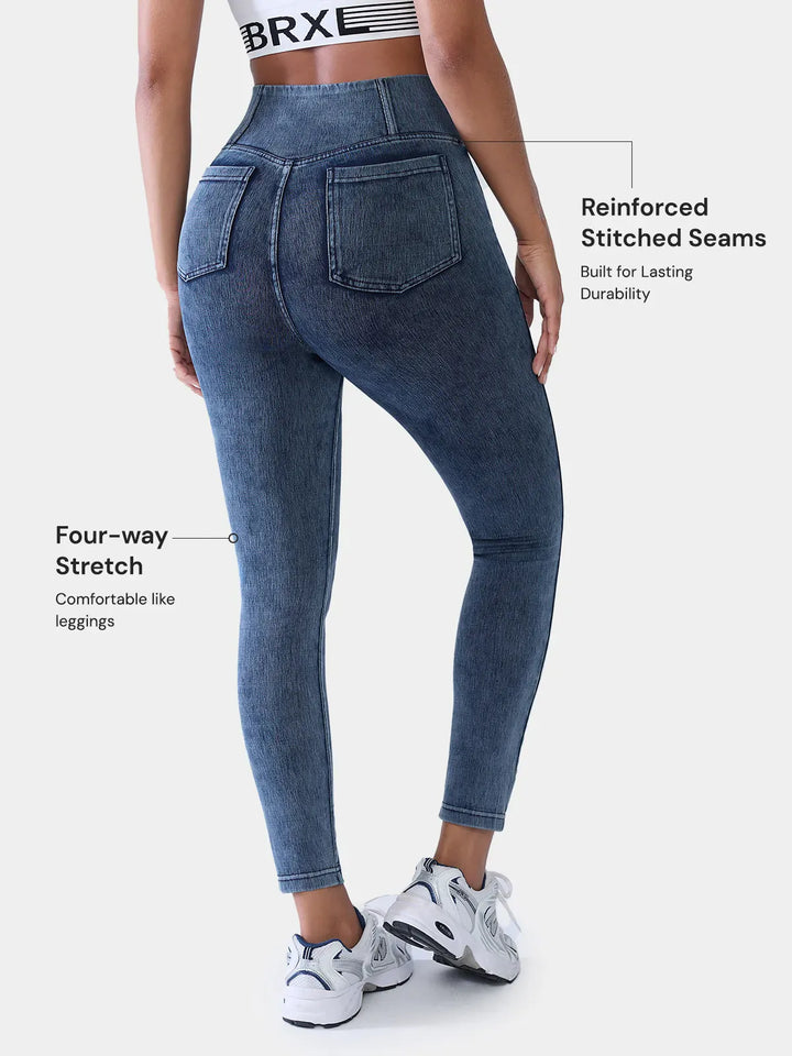 Crossover Denim Side Pockets Sculpting Leggings