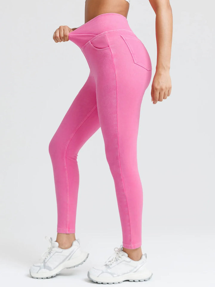 Crossover Denim Side Pockets Sculpting Leggings