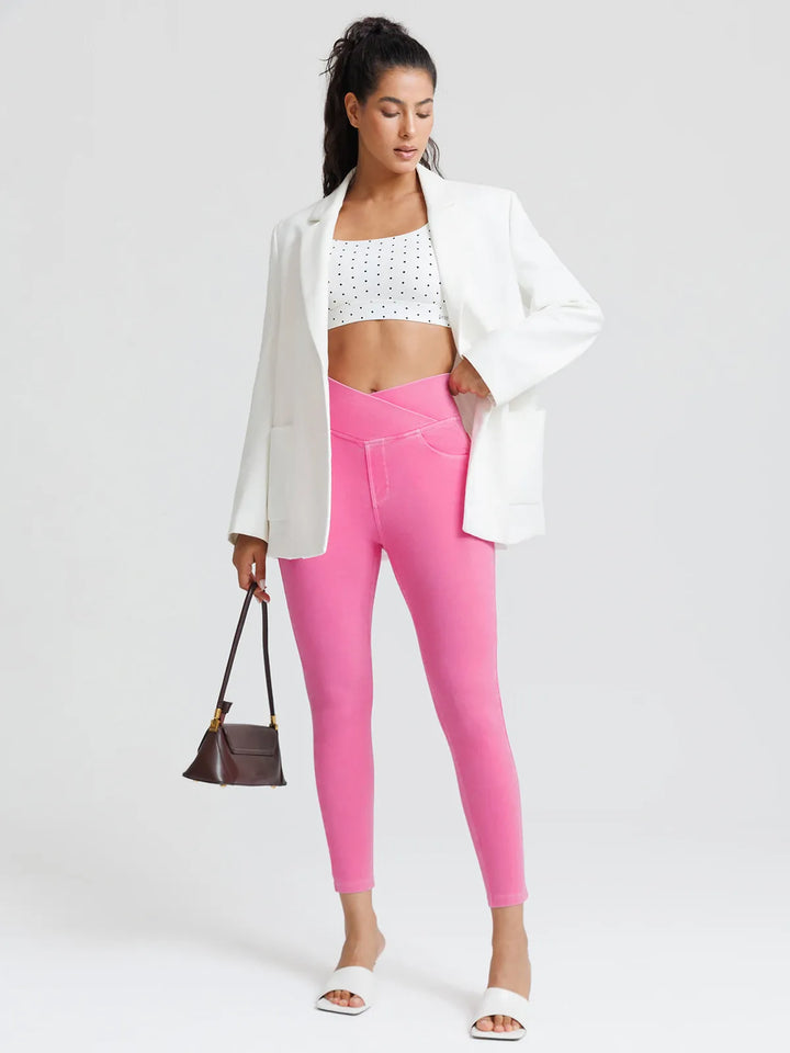 Crossover Denim Side Pockets Sculpting Leggings