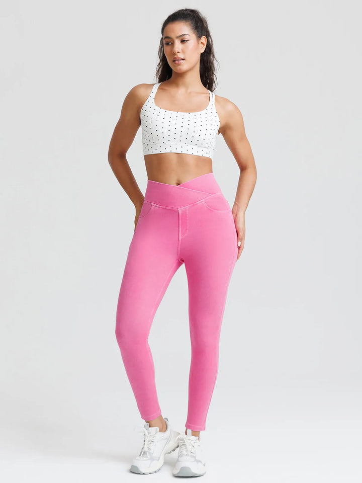 Crossover Denim Side Pockets Sculpting Leggings
