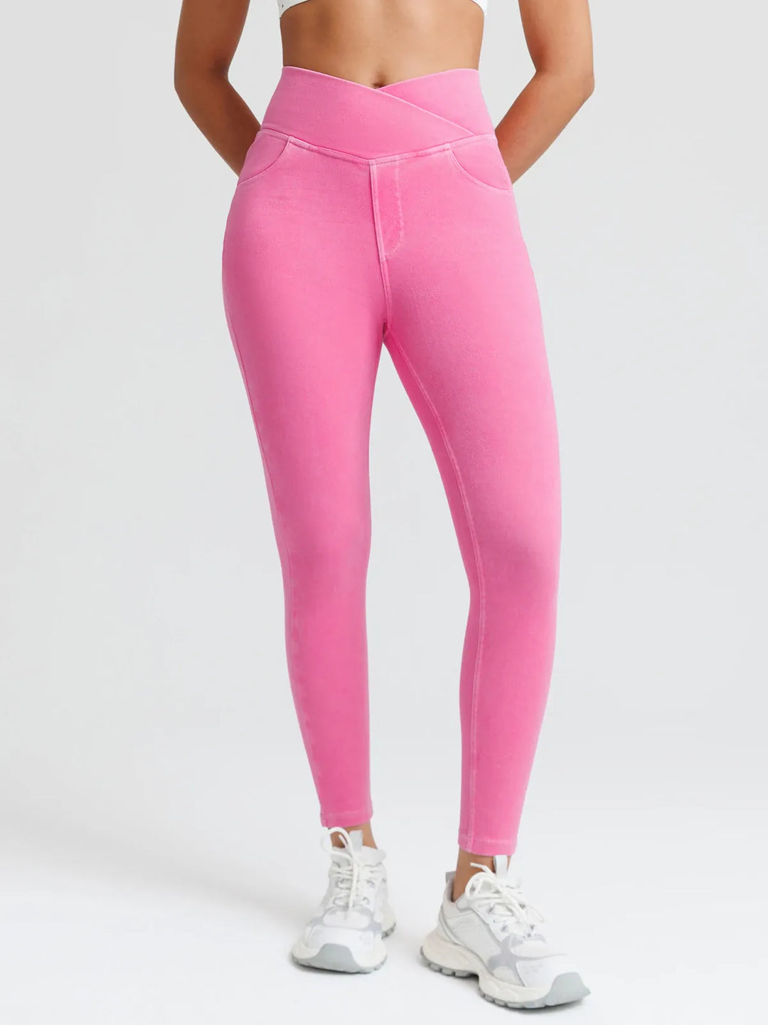 Crossover Denim Side Pockets Sculpting Leggings