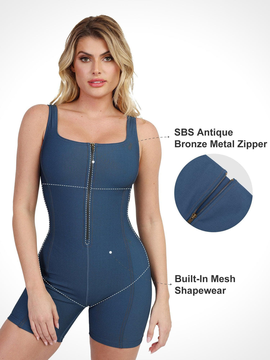Blue denim sculpting shapewear romper with square neck, SBS bronze zipper, and built-in mesh.