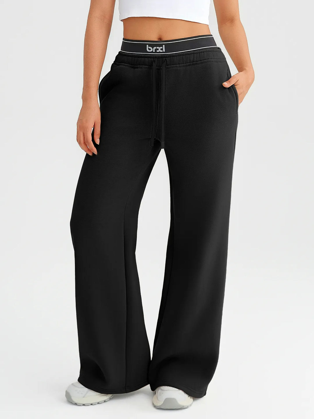 A model wearing a BRXL® Double Waistband Drawstring Mid-Rise Straight-Leg SweatPants Black / XS