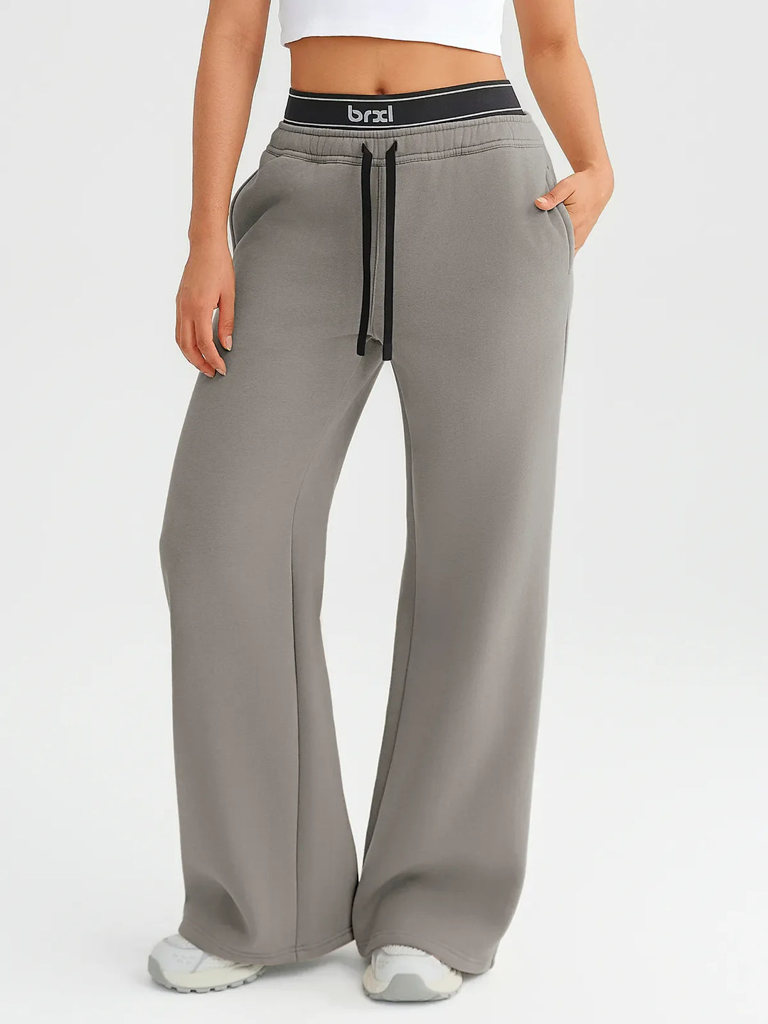 A model wearing a BRXL® Double Waistband Drawstring Mid-Rise Straight-Leg SweatPants Cadet Grey / XS