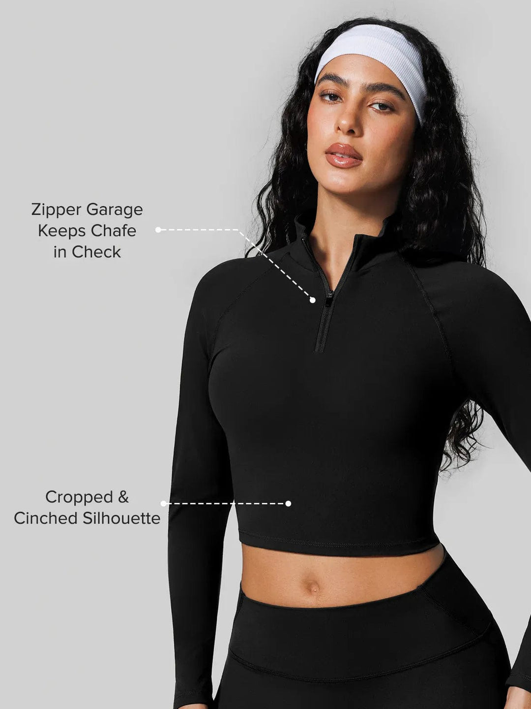 A model wearing a BRXL® Half Front Zipper Cropped Top Seamless High Waisted Leggings Set in