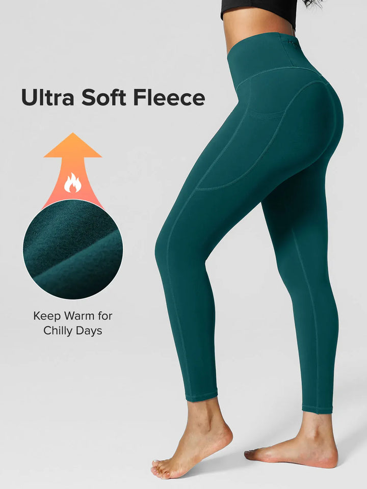 Half Front Zipper Cropped Top Side Pockets Fleece Lined Leggings