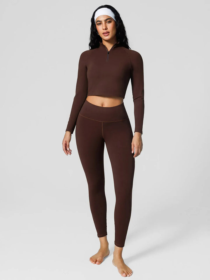 Half Front Zipper Cropped Top Side Pockets Fleece Lined Leggings