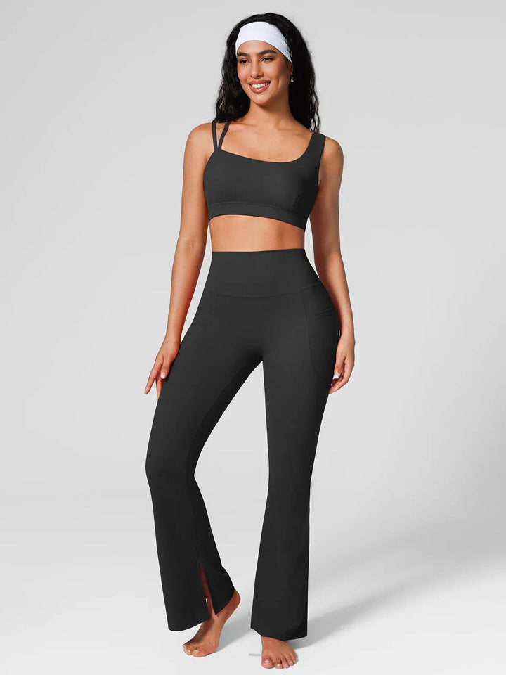 A model wearing a BRXL® Halter-neck Yoga Bra,High Rise Flared Side Pockets Scrunch Leggings in