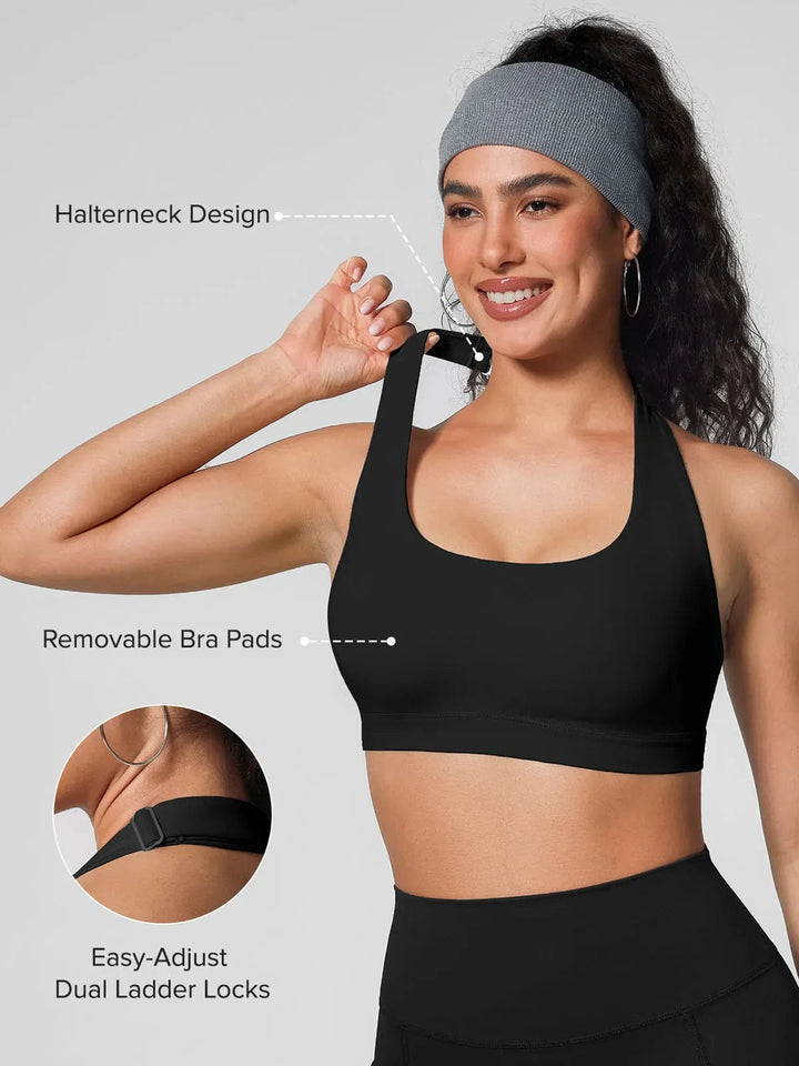 A model wearing a BRXL® Halter-neck Yoga Bra,High Rise Flared Side Pockets Scrunch Leggings in