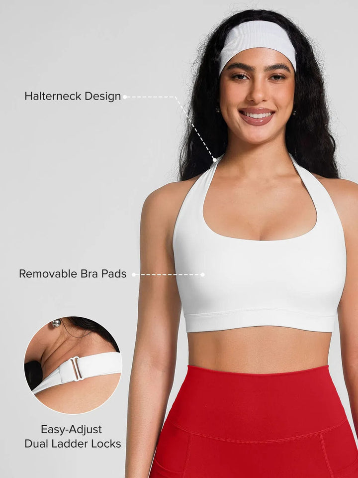 A model wearing a BRXL® Halter-neck Yoga Bra,High Rise Flared Side Pockets Scrunch Leggings in