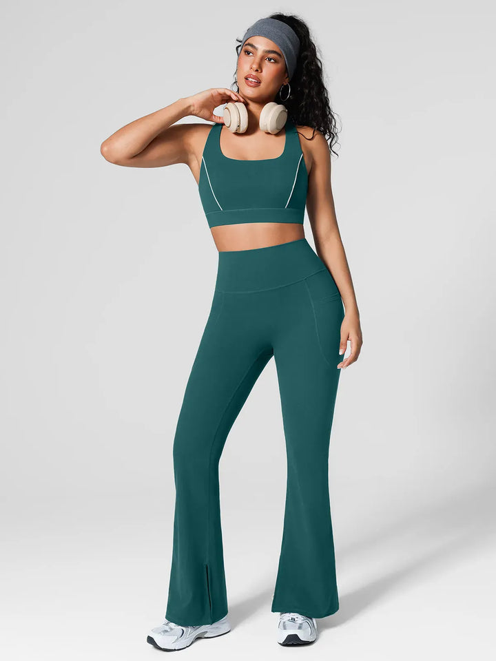 A model wearing a BRXL® High Rise Flared Side Pockets Scrunch Leggings in