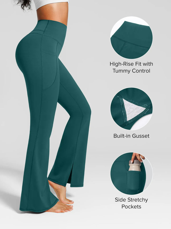 A model wearing a BRXL® High Rise Flared Side Pockets Scrunch Leggings