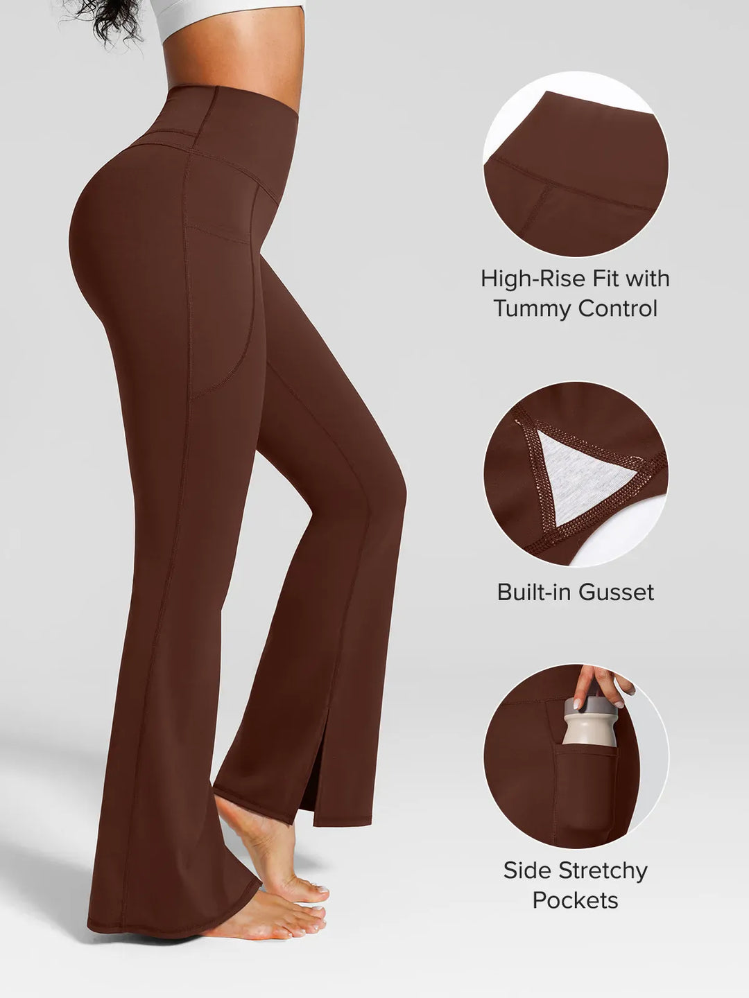 A model wearing a BRXL® High Rise Flared Side Pockets Scrunch Leggings