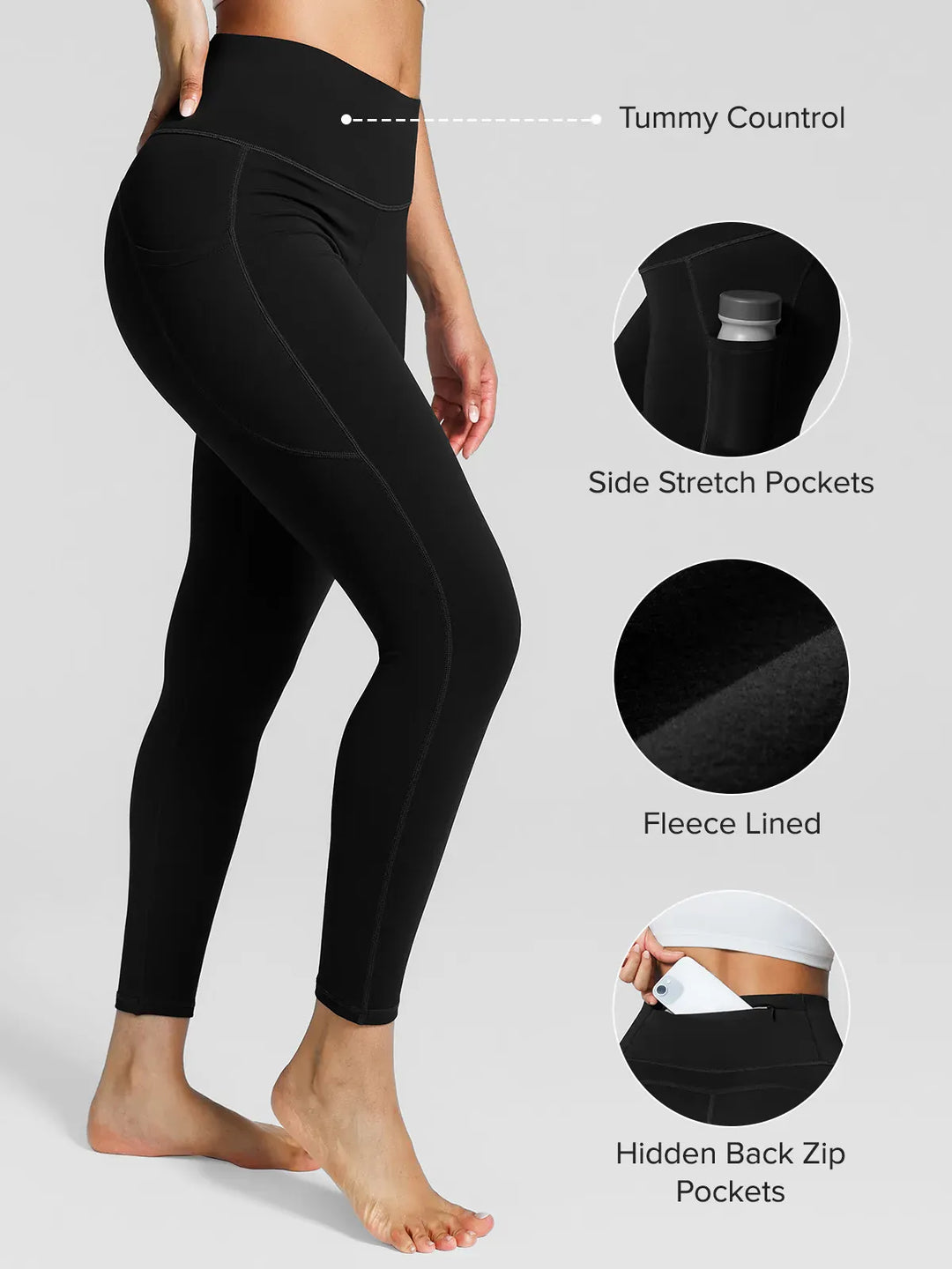 A model wearing a BRXL® High Rise Side Pockets Fleece Lined Leggings in