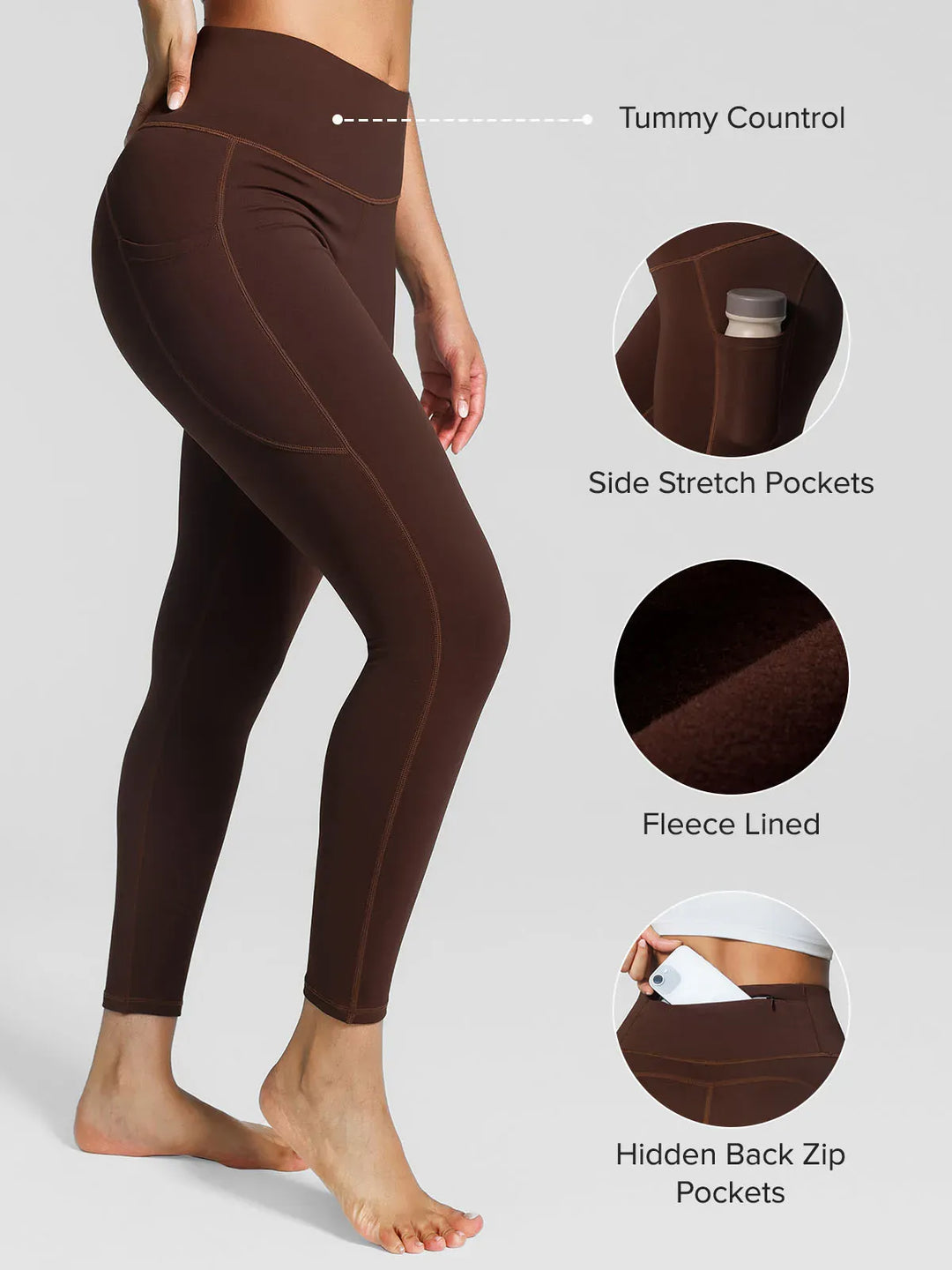 A model wearing a BRXL® High Rise Side Pockets Fleece Lined Leggings in