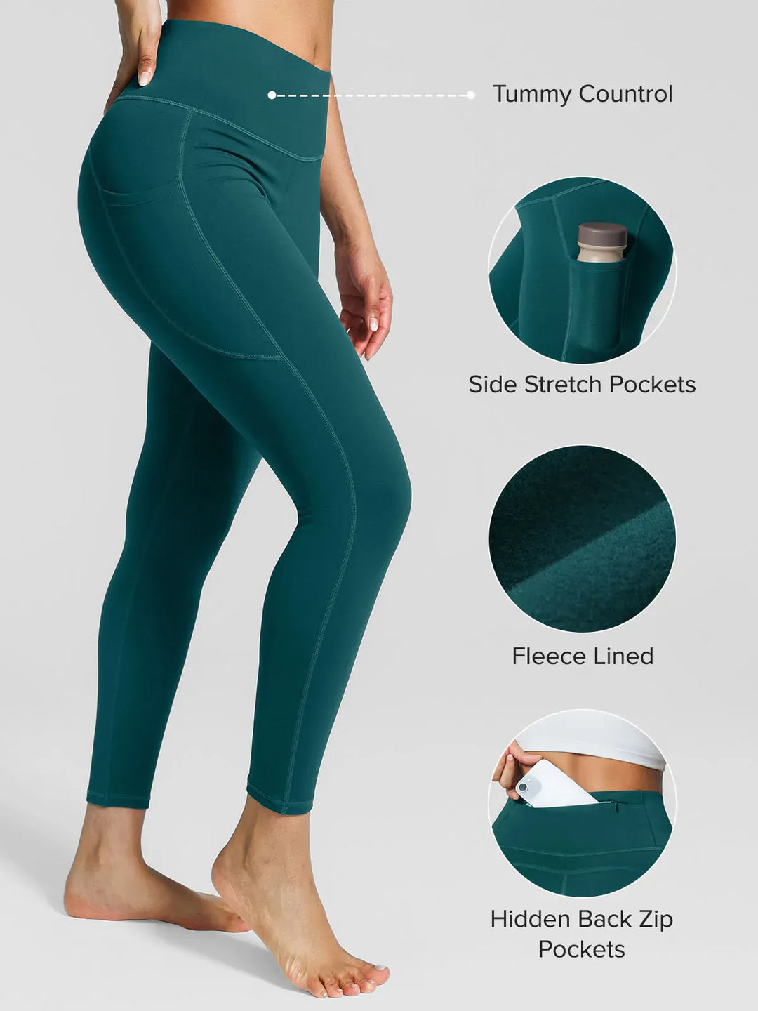 A model wearing a BRXL® High Rise Side Pockets Fleece Lined Leggings in