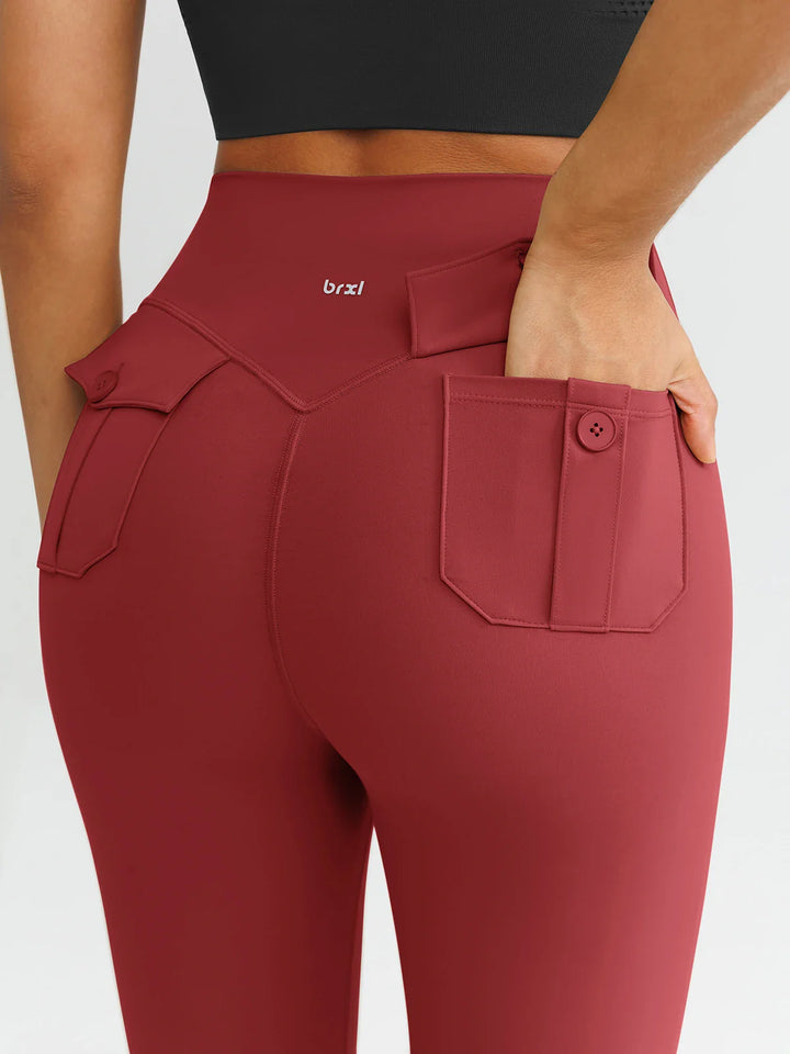 A model wearing a BRXL® High-Waisted Hidden Scrunch Leggings with Cargo Pockets