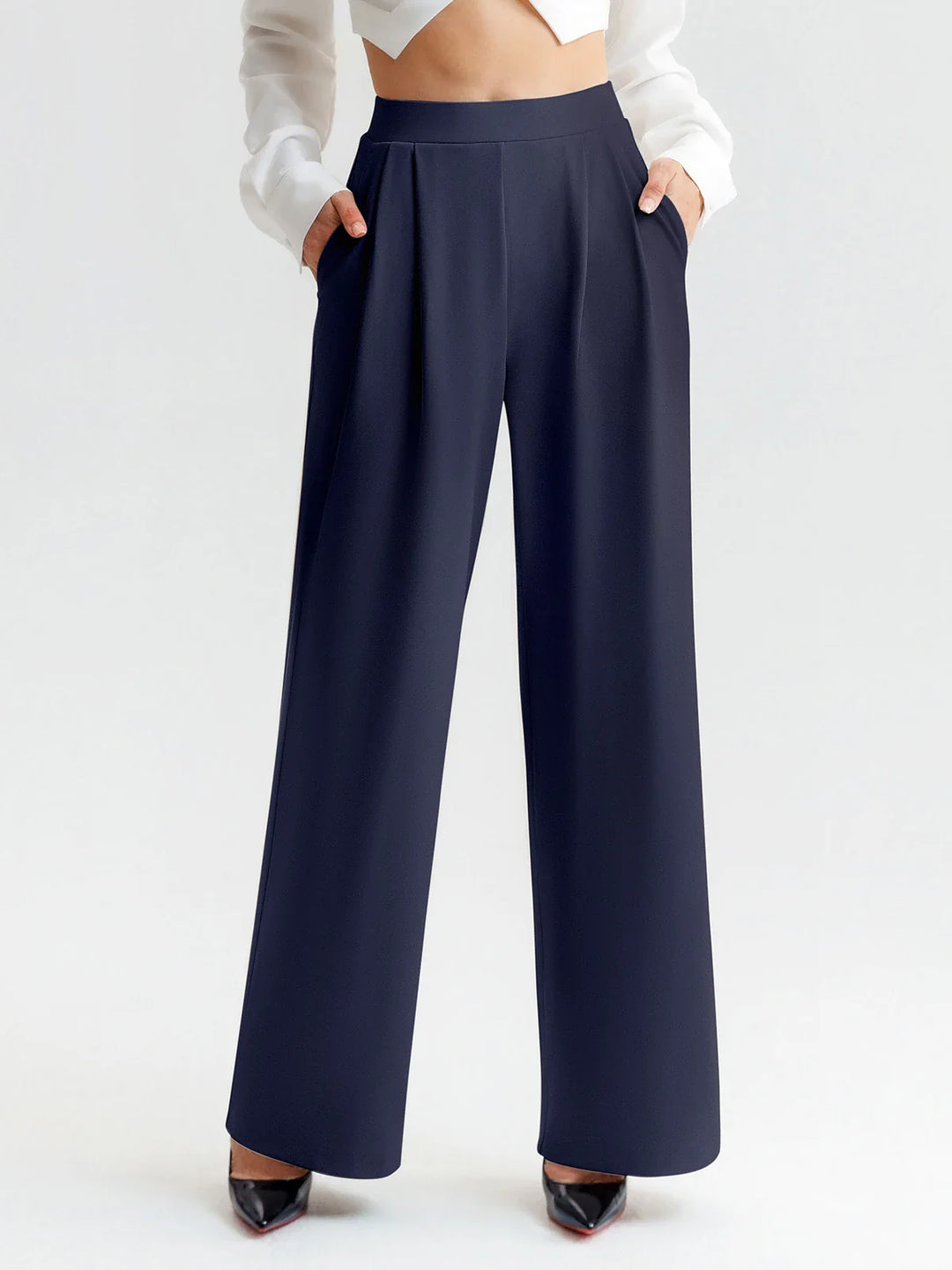 A model wearing a BRXL® High Waisted Straight Leg Commuter Pants With Pockets Regular / Navy Blue / XS