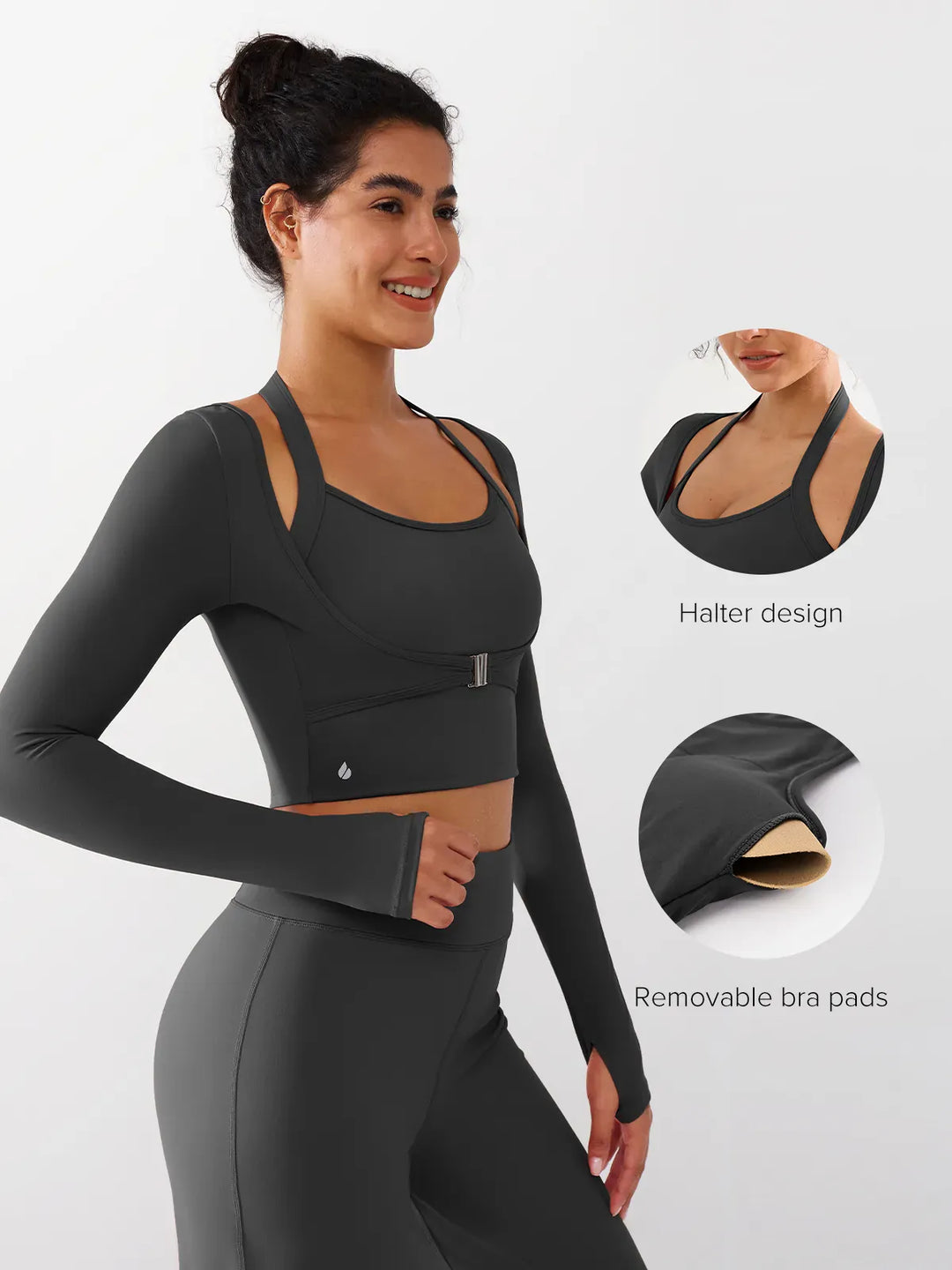 A model wearing a BRXL® Long Sleeve Halter Shrug Top with Buckle and Thumbhole in