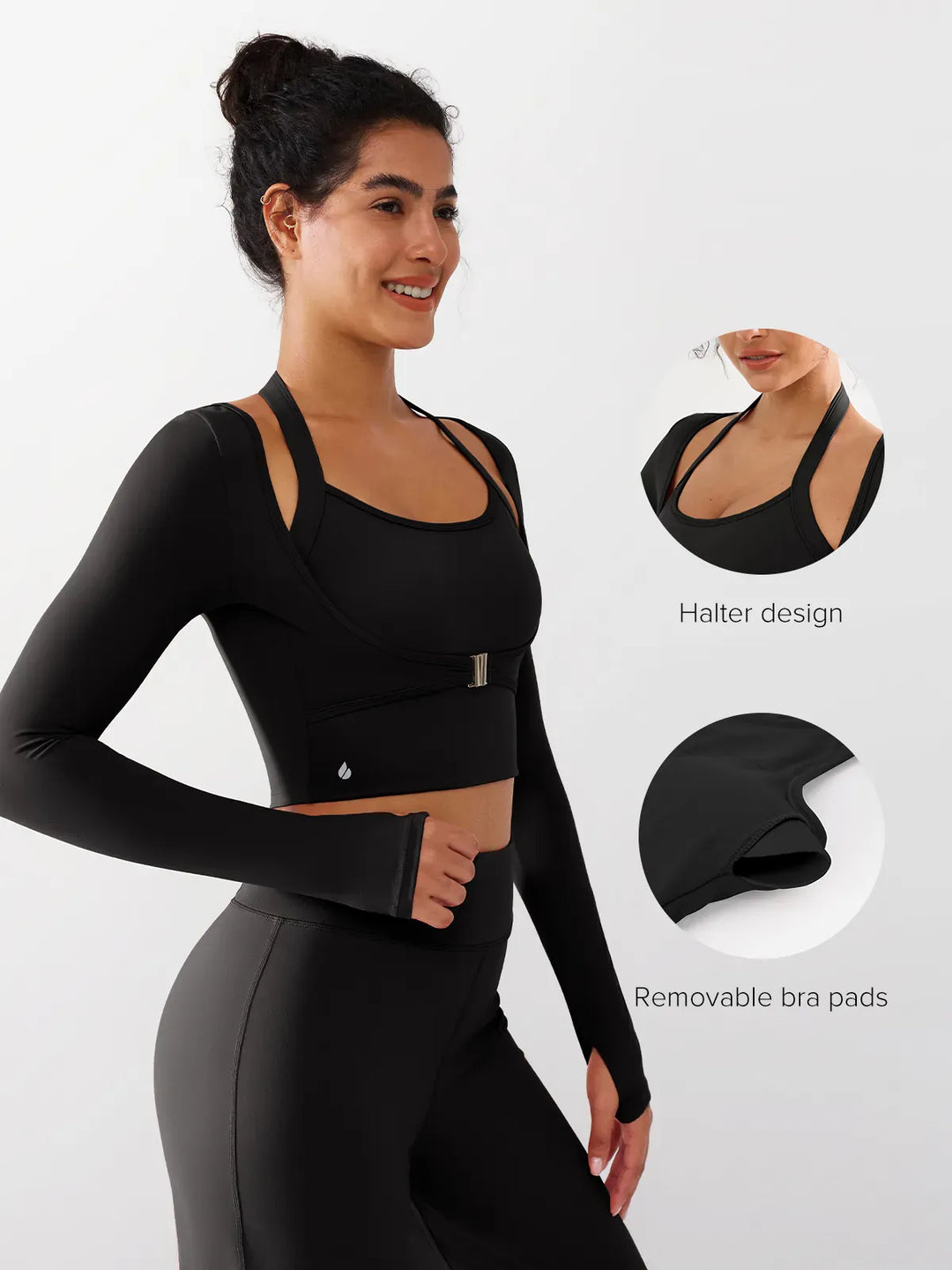 A model wearing a BRXL® Long Sleeve Halter Shrug Top with Buckle and Thumbhole in