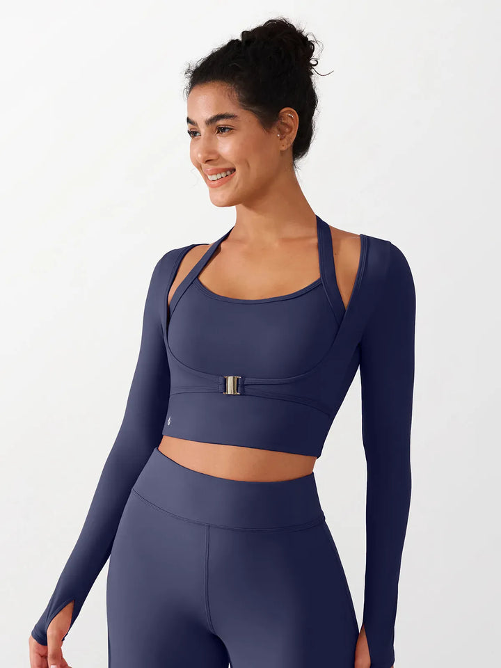 A model wearing a BRXL® Long Sleeve Halter Shrug Top with Buckle and Thumbhole in