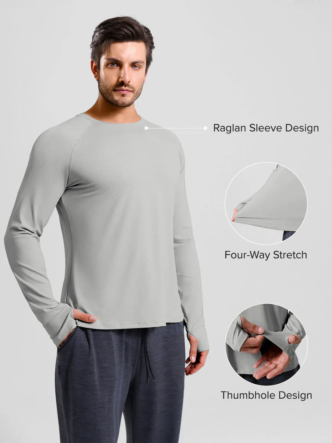 A model wearing a BRXL® Men’s Long Sleeve Thumbhole Activewear Shirt in