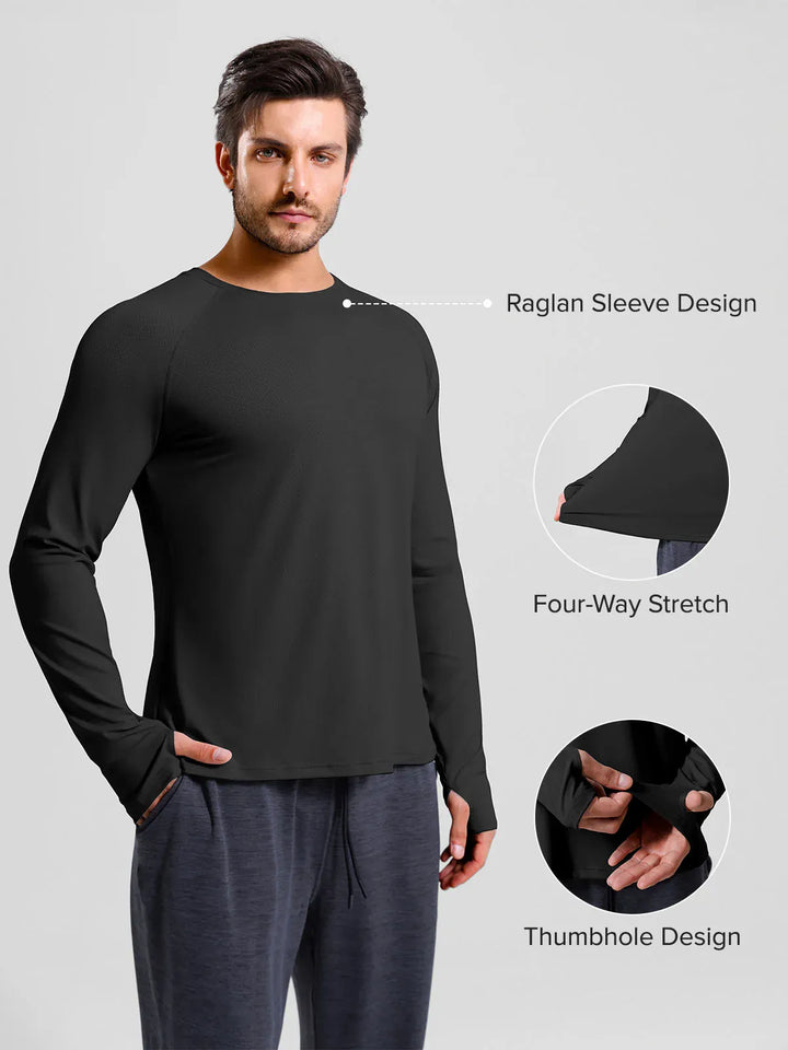 A model wearing a BRXL® Men’s Long Sleeve Thumbhole Activewear Shirt in
