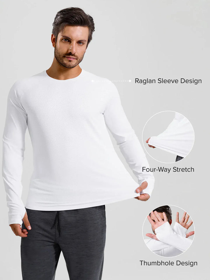 A model wearing a BRXL® Men’s Long Sleeve Thumbhole Activewear Shirt in