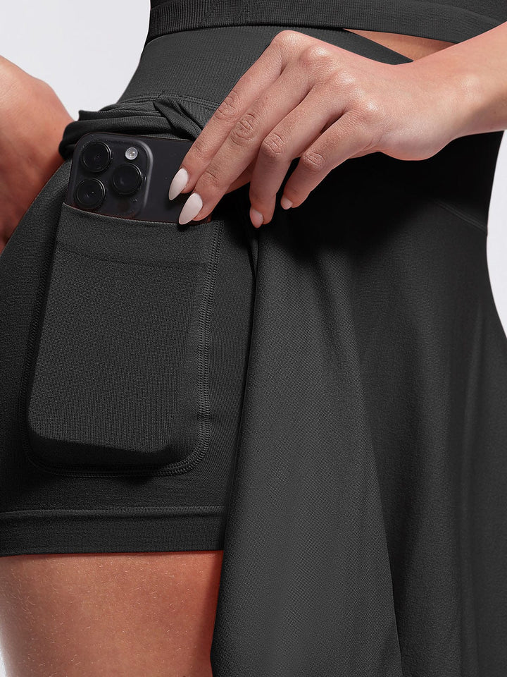 Mid-Waist A Line Skirt Flared Ruffle Hem Built in Shorts with Pockets