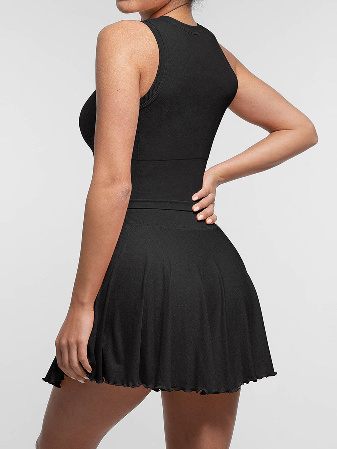 Mid-Waist A Line Skirt Flared Ruffle Hem Built in Shorts with Pockets