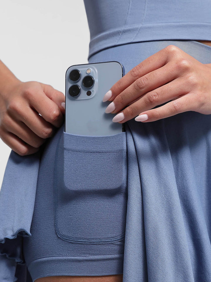 Mid-Waist A Line Skirt Flared Ruffle Hem Built in Shorts with Pockets