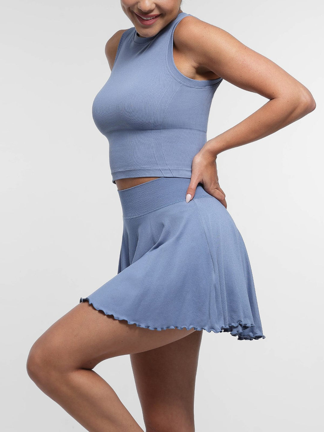 Mid-Waist A Line Skirt Flared Ruffle Hem Built in Shorts with Pockets