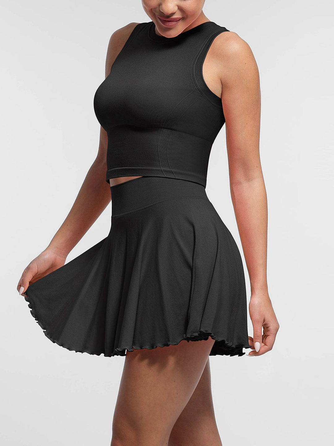 Mid-Waist A Line Skirt Flared Ruffle Hem Built in Shorts with Pockets