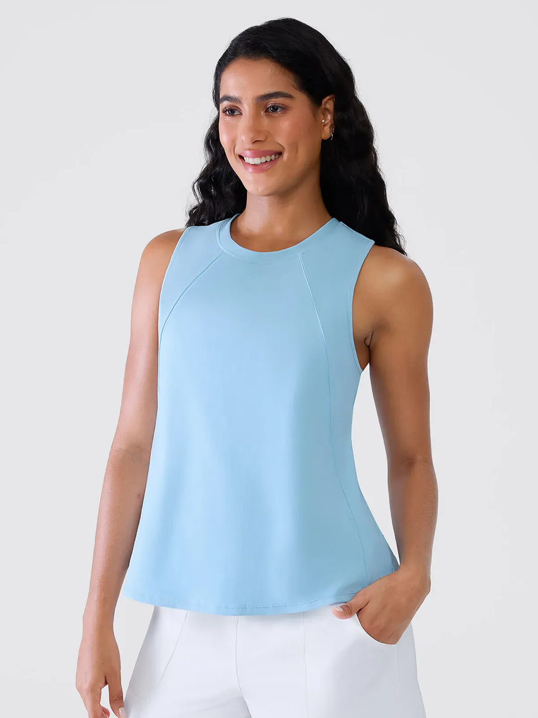A model wearing a BRXL® Racerback Running Tank Tops in Blue / XS