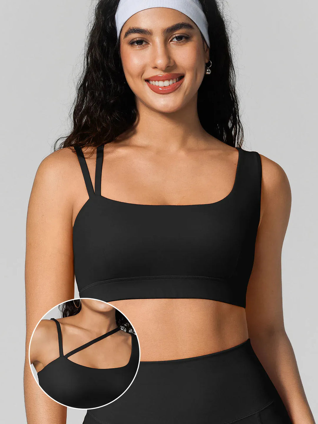 A model wearing a BRXL® Seamless Dual Style Square Neckline Sports Bra in