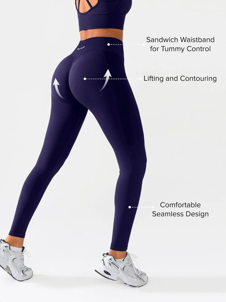 A model wearing a BRXL® Seamless High Waisted Butt-Lifting Leggings,Half Front Zipper Activewear Cropped Top in