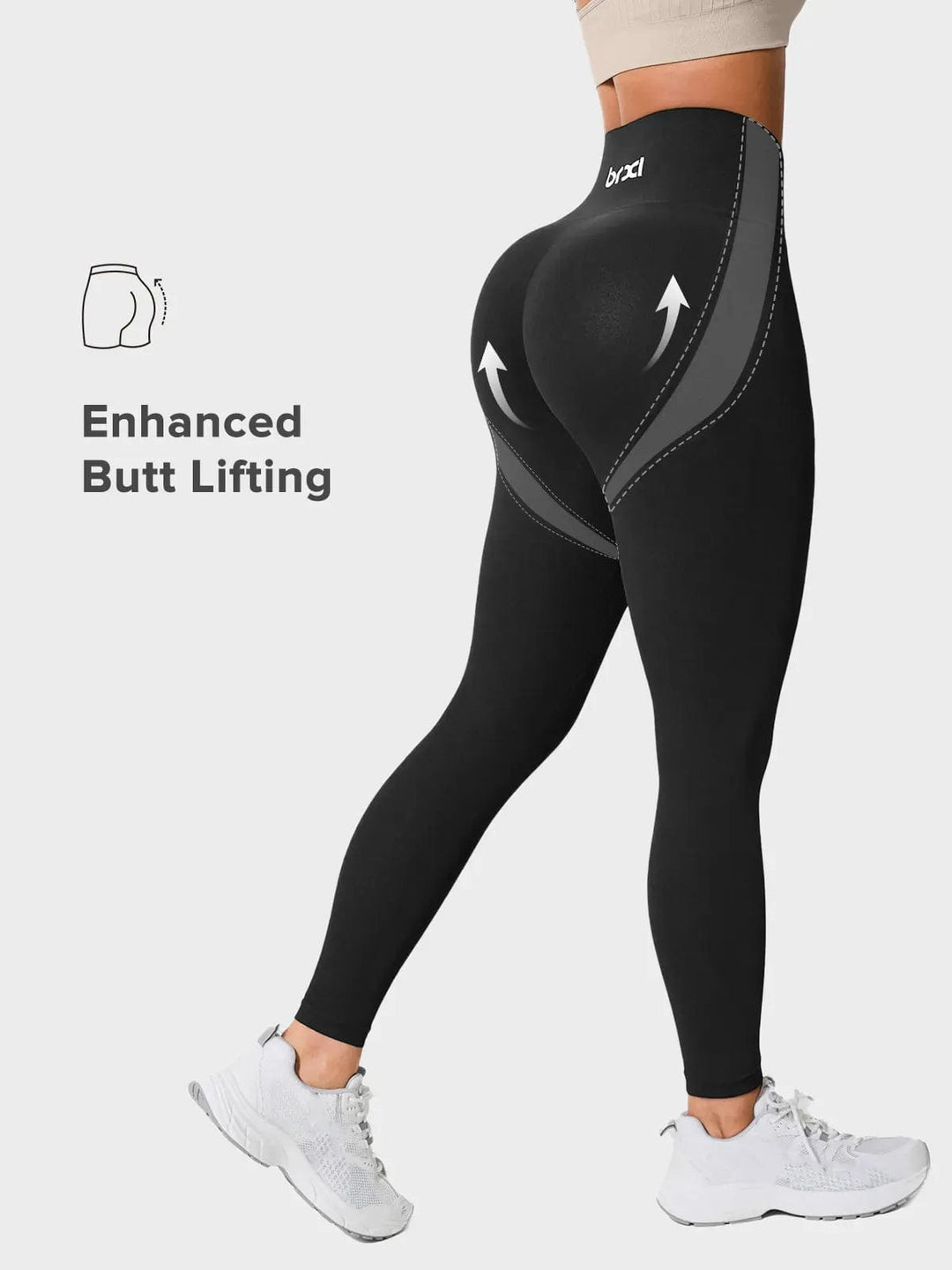 A model wearing a BRXL® Seamless High Waisted Tummy Control Butt-Lifting Leggings,Half Front Zipper Activewear Cropped Top in