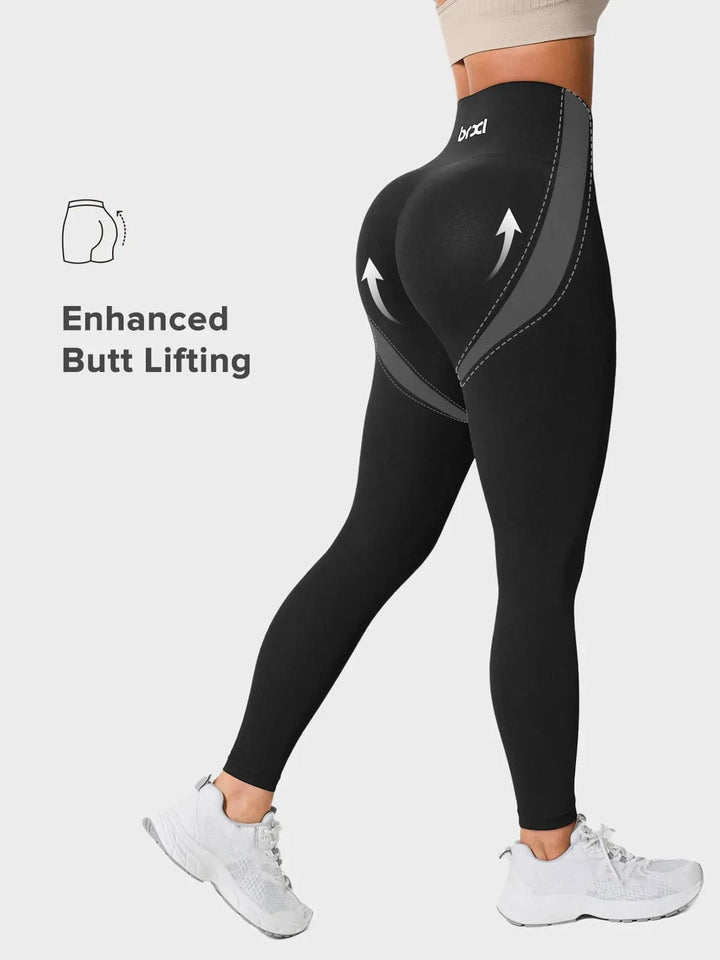 A model wearing a BRXL® Seamless High Waisted Tummy Control Butt-Lifting Leggings,Half Front Zipper Activewear Cropped Top in