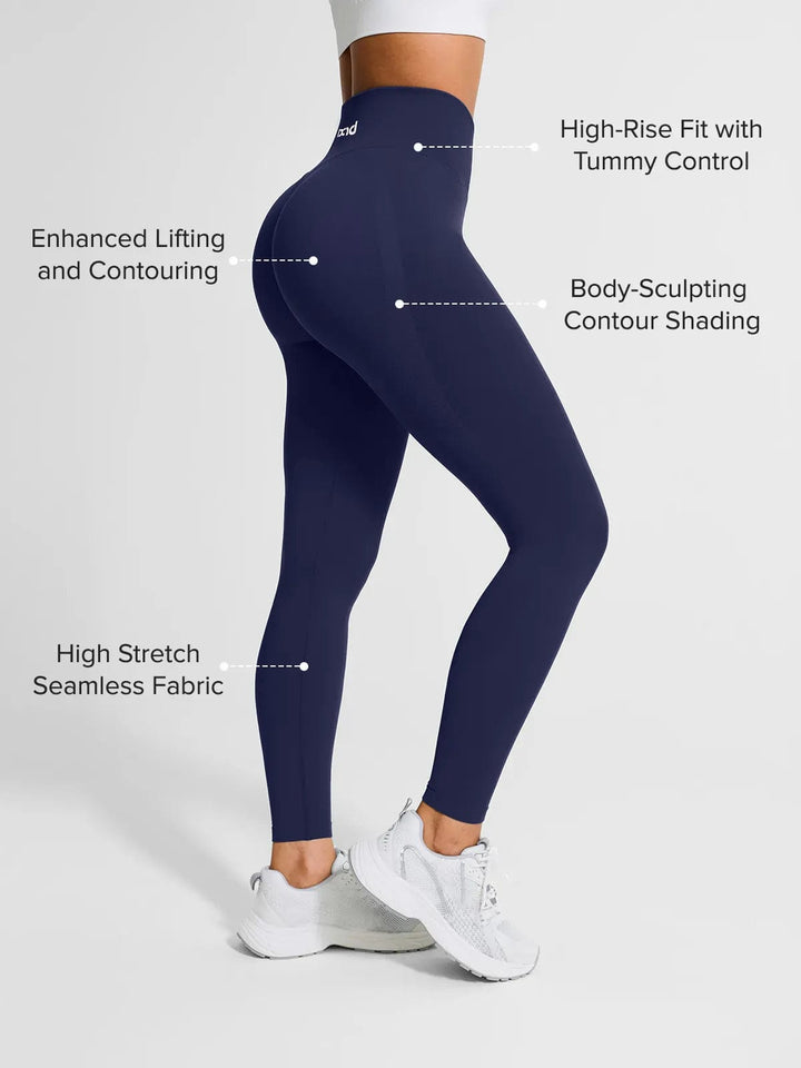 A model wearing a BRXL® Seamless High Waisted Tummy Control Butt-Lifting Leggings,Half Front Zipper Activewear Cropped Top in