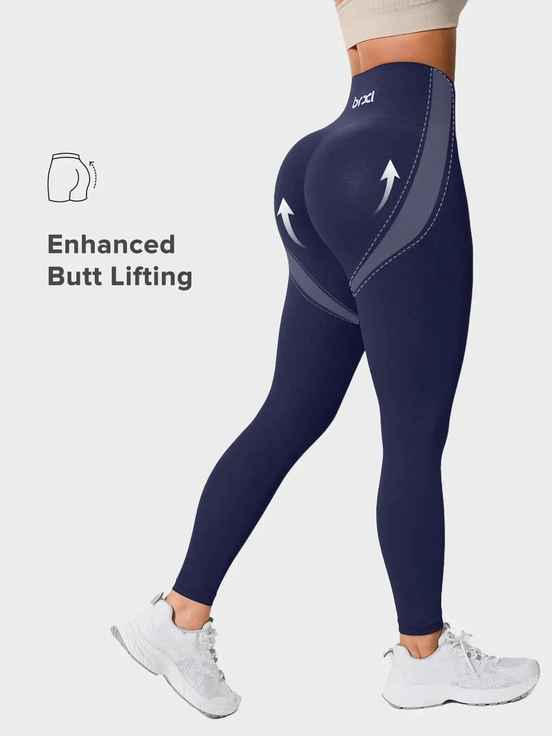A model wearing a BRXL® Seamless High Waisted Tummy Control Butt-Lifting Leggings,Half Front Zipper Activewear Cropped Top in