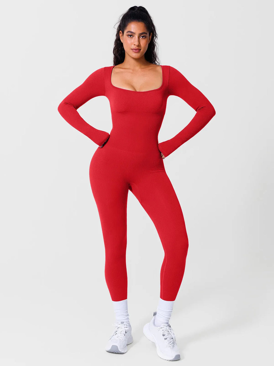 A model wearing a BRXL® Seamless Square Neck Tummy Control Jumpsuits in