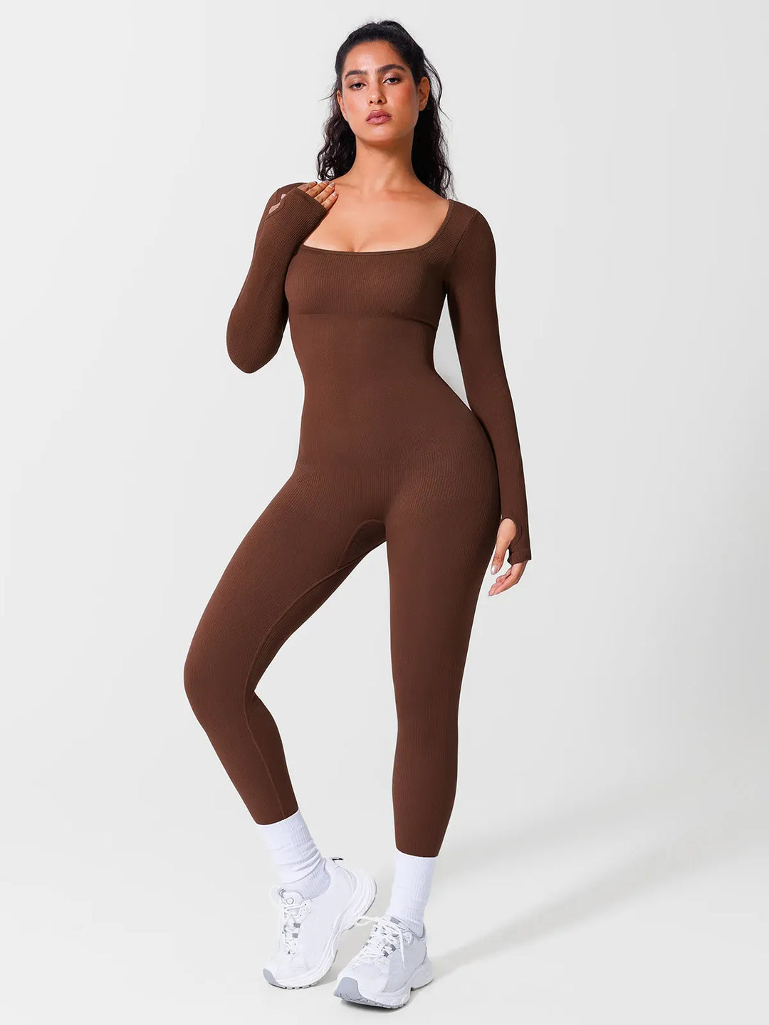 A model wearing a BRXL® Seamless Square Neck Tummy Control Jumpsuits in