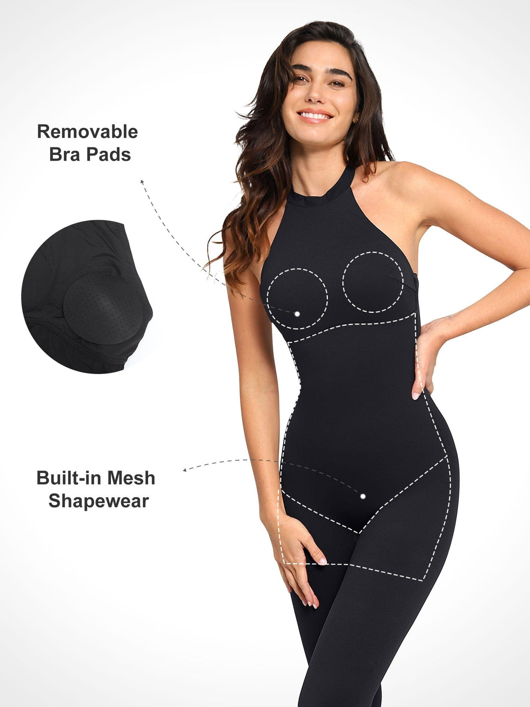 A model wearing a BRXL® Shapewear Body-Sculpting Halter Neck Jumpsuit in