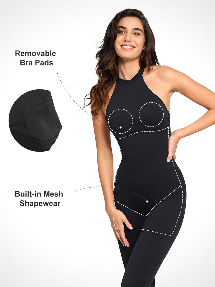 A model wearing a BRXL® Shapewear Body-Sculpting Halter Neck Jumpsuit in