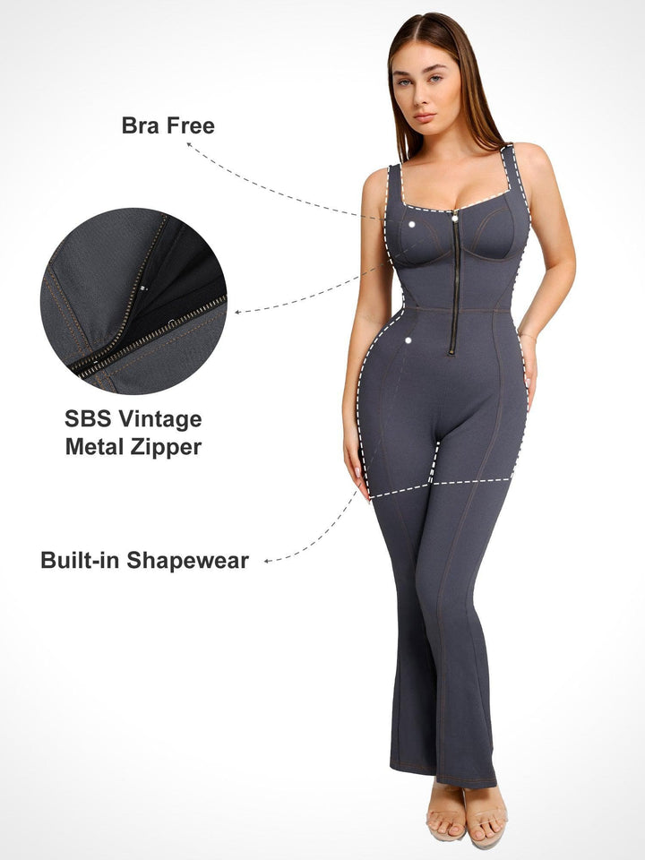 Dark grey square neck shaping jumpsuit with flare legs, featuring a front zipper and built-in shapewear for a sculpted look.