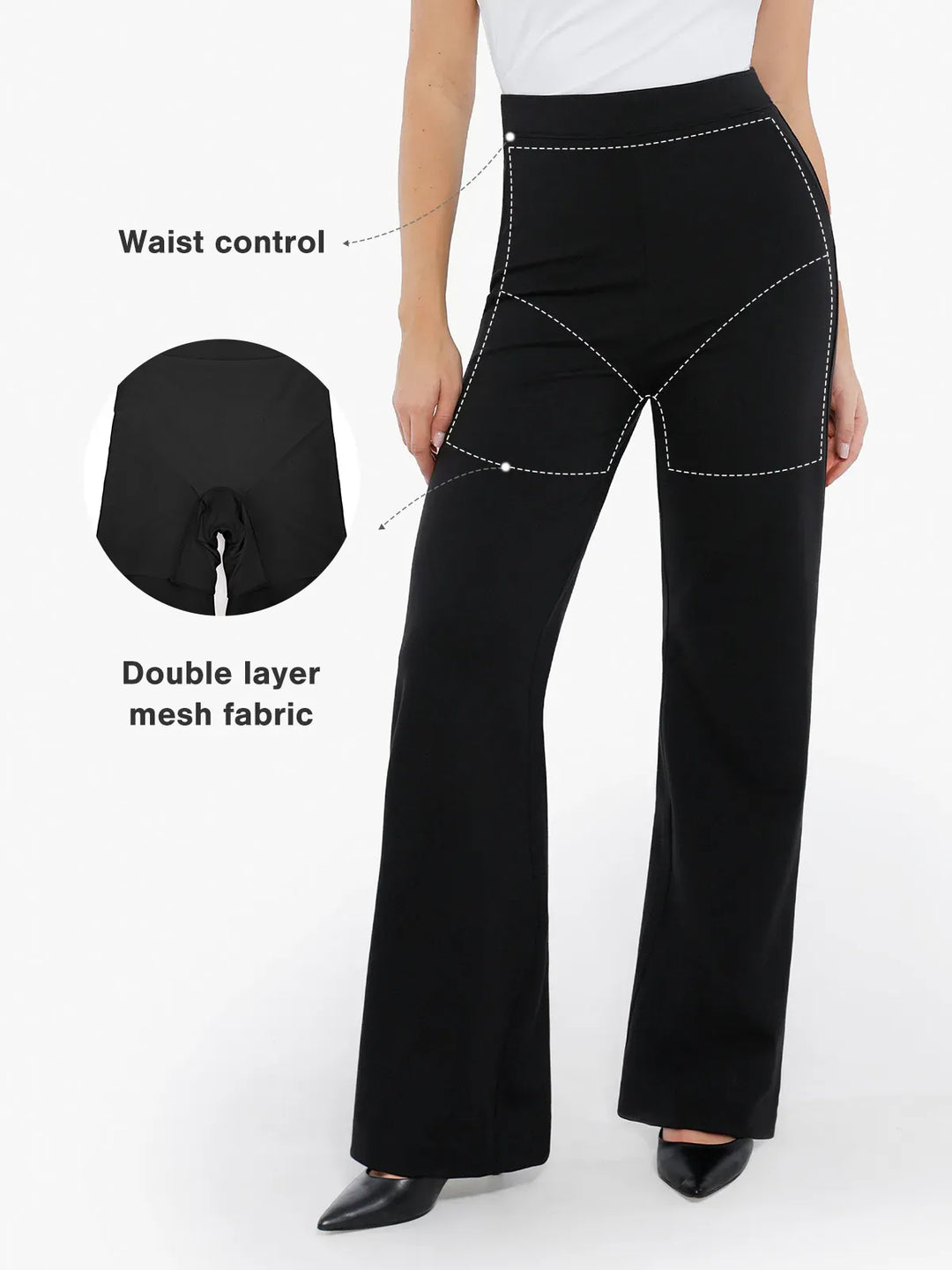 A model wearing a BRXL® Shapewear Executive High Waisted Ponte Wide-Leg Pants in