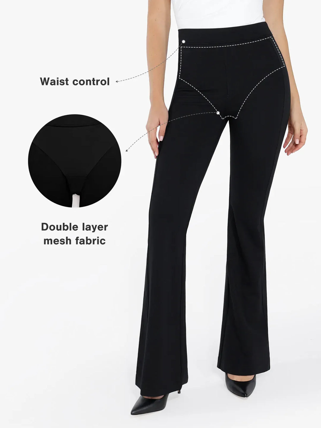 A model wearing a BRXL® Shapewear Freedom Tummy Control Ponte Flare-Leg Pants in